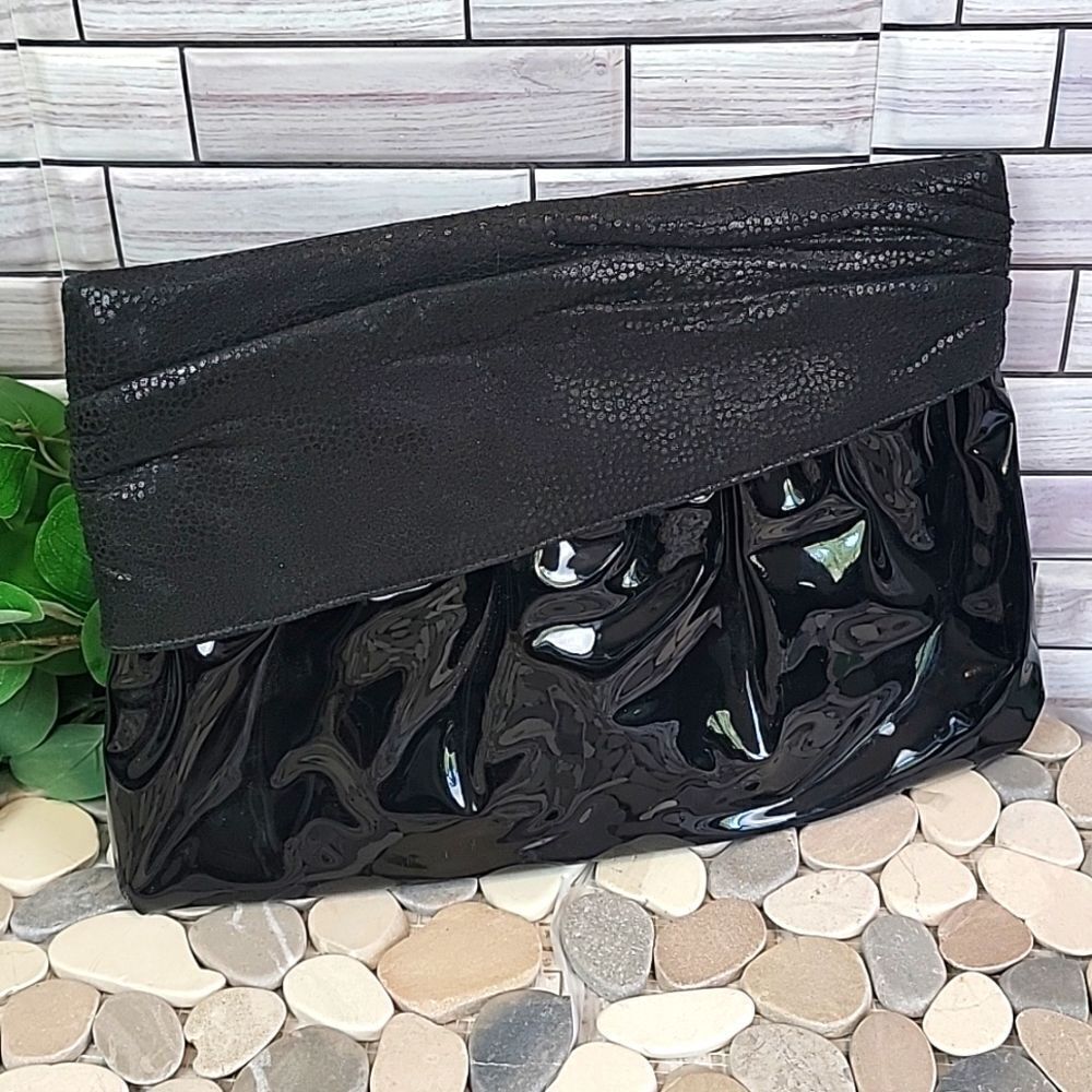 Vintage Margolin patent leather and fabric clutch Bag